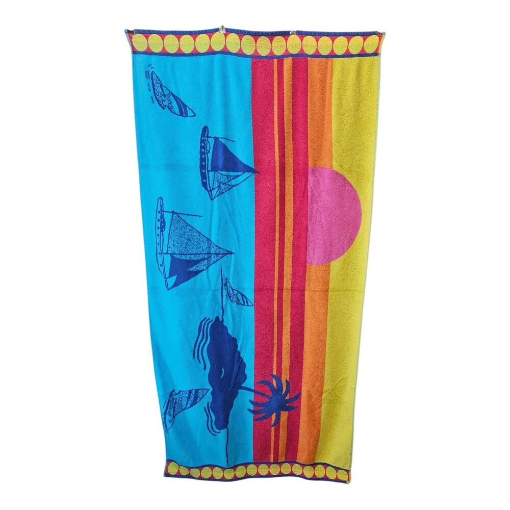 Vintage Studio A Beach Towel Retro 90s Tropical Sailboat Sunset Neon Pink 64x34